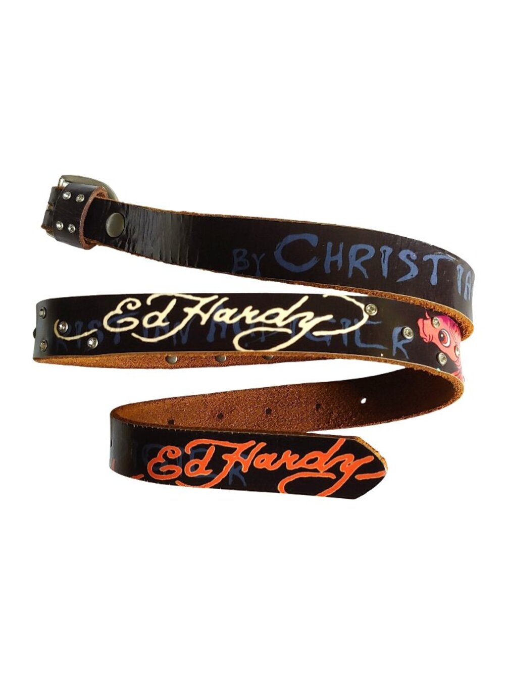Christian Audigier Ed Hardy Koi Fish Crystal Leather Belt Y2K Tattoo Rocker Punk
